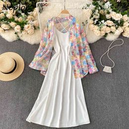 Neploe Holiday Print 2 Pcs Women Set V Neck Sleeveless Shoulder Strapless Camis Dress + Turn Down Collar Long Sleeve Shirt Suit 210510