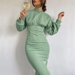 Foridol vintage knitted bodycon winter dress women elegant lantern sleeve long maxi autumn green dress party ladies dress 210415