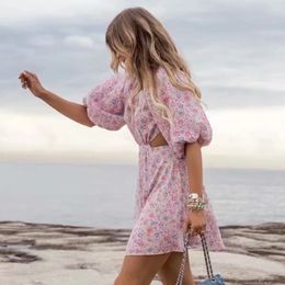 Sexy Backless Purple Summer Chiffon Dress Women Puff Sleeve Beach Boho Dress Lace Up Floral Print Vintage Women Clothes 210415