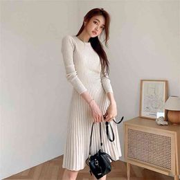 White Sweater Dresses Korea ladies elastic knitting Long Sleeve Crew Warm casual dress for women winter Clothing 210602