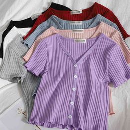 Casual Sweet Slim student short-sleeved T-shirt with wooden ears tops summer Korean style buttoned V-neck pit top t-shirts 210420