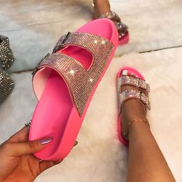 Rhinestone Women's Shoes Outside Casual Slippers 2021 Fashion Colourful Buckle Bling Female Flat Sandals Summer Ladies Slides Y0427