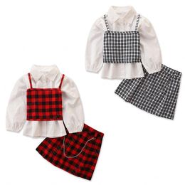 kids Clothing Sets girls lattice outfits children Shirt Tops+Sling+plaid skirts 3pcs/set summer Spring Autumn fashion Boutique baby Clothes