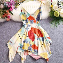 Korobov Korean Women Boho V Neck Spaghetti Strap Dress Vintage A-Line High Waist Backless Dresses Summer Beach Style Vestidos 210430