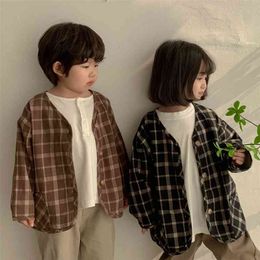 Korean style spring summer cotton linen plaid jackets Kids thin casual unisex coats 210708