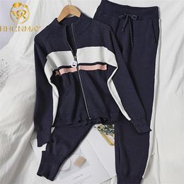 Spring Autumn Knitted cardigan women sets two pieces Fashion Chaopai sweatshirts and match female pant suits 210506