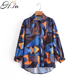 HSA Women Chiffon Shirt Casual Femme Sleeve Grometric Blouse Lady Loose Tops Blue Patchwork Long Blusas 210417