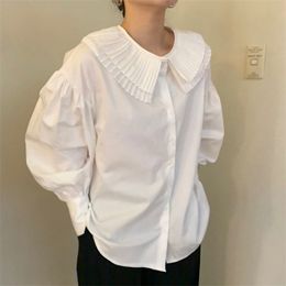 Spring Autumn Women's Top French Solid Colour Doll Collar Pleated Blouse Single-breasted Loose Lantern Sleeve Female Tops LL412 210506
