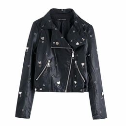 Stylish Chic Sequined Embroidery Pu Leather Jacket Fashion Heart Ring Design Motorcycle Women Jacket Casual Cool Outerwear 210520