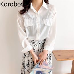 Korobov Korean Office Lady Pockets Women Blouses Vintage Turn-Down Collar Single Breasted Shirt Harajuku White Blusas Femininas 210430