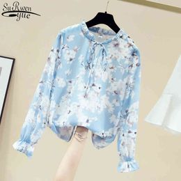 Long Sleeve Women's Shirt All-match Printed Top Female Autumn Women Clothes Lace-up Floral Chiffon Blouse Pullover 11147 210427