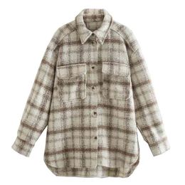 Stylish Chic Coffee-Beige Plaid Shirt Jacket Women Fashion Turn-down Collar Pockets Buttons Coat Girls Chic Streetwear 210410