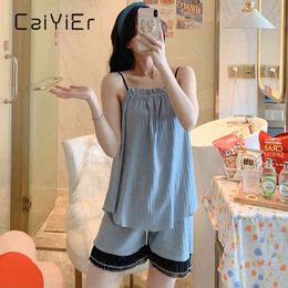 CAIYIER Cute Women Sleepwear Spaghetti Strap Top + Shorts Pyjamas Set Soft Sexy Summer Nightwear Korean Two Piece Pijama Nightie X0526