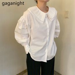 Korean Chic Elegant Women Blouses Ruched Peter Pan Collar Solid Shirt Lantern Sleeve Spring Autumn Office Lady Blusas 210601