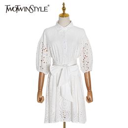 Hollow Out Dress Women Lapel Collar Lantern Sleeve High Waist Lace Up Ruched Mini Dresses Female Clothing 210520