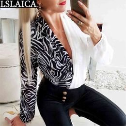 Women Clothes Casual Slim Printing Deep V-Neck Long Sleeve Tops for Fashion Elegant Streetwear Patchwork Blusas De Mujer 210515