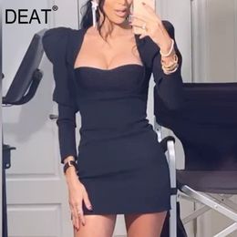 DEAT Women Black Patchwork Office Lady High Dress New Square Neck Long Puff Sleeve Slim Fit Fashion Tide Summer 7E0443 210428
