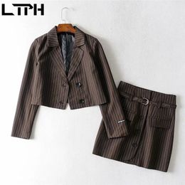 vintage striped short blazer suit women Outfits 2 piece set fashion high waist single breasted belt skirt spring 210427