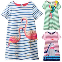 Appliques Baby Girl's Dresses Striped Flamingo Children Clothes Girls One-Piece Dress Princess Kids Blouses Vestidos Outfit Tops 210413