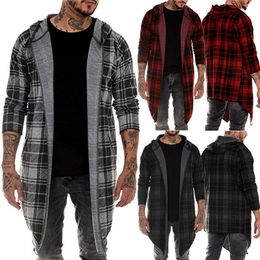 Men's Trench Coats Fashion Style Long Section Hoodie Autumn Winter Warm Hooded Plaid Coat Casual Sleeve Slim Fit Outwear