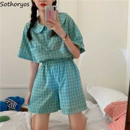 Pyjama Sets Women Plaid Sweet Girls Summer Sleeping Wear Korean Style Loose Chic Simple Vintage Two Piece Set Elegant Soft Cute X0526