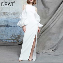 [DEAT] Spring Summer Fashion Round Neck Floor-length Long Sleeve Strapless White Elegant Dress Women 13C867 210527