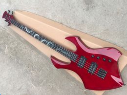 Red body 4 strings Electric Bass Guitar with Colourful Pearl Snake Pattern,Black hardware,HH pickups,Rosewood fingerboard