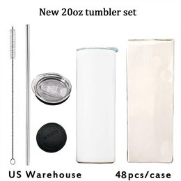 Local warehouse 20oz Sublimation Tumbler Blank Skinny Tumblers Stainless Steel Vacuum Insulated Car Mug with METAL Straw Bursh and Rubber Bottom US Stock