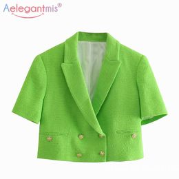 Aelegantmis Korean Vintage Green Two Piece Sets Women Fashion V Neck Female Tops and Buttons Short Pants Chic Summer Suits 210607
