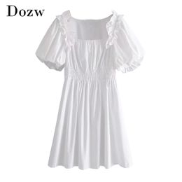 Women Sweet Black White Dress Ruffles Puff Short Sleeve Stylish Chic Mini Elastic Waist Pleated Cotton es 210515