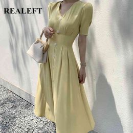 Summer Stain Single Breated Long Shirts Dresses Vintage V-Neck Short Sleeve High Waist Straight Female Dress 210428