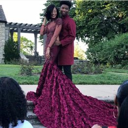 roses prom dresses Australia - Party Dresses Gorgeous Rose Patterned Mermaid Prom Dress High Neck Beads Applique Sheer Long Sleeves Evening Burgundy African Wear
