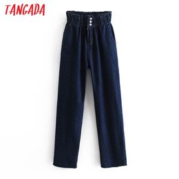 Fashion Women Dark Blue High Jeans Long Trousers Strethy Waist Pockets Buttons Female Pants 3W64 210416