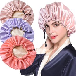 Silky Reversible Satin Hair Bonnets Double-Layer Night Sleep Cap Adjustable Women'S Lined Bath Shower Hat Soft