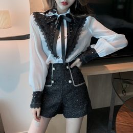 High Quality Spring Women Office Wear Two Piece suit Bow tie chiffon Perspective Long Sleeve Blouse+Tweed short pants set 210518