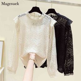 Long Sleeve Tops For Women Fashion Autumn Hollow Out Lace Black Shirt Korean Vintage Office Blouses Blusa 11602 210512