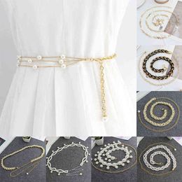 Fashion Elegant Women Pearl Belt Imitation Pearl Beaded Hook Waist Chain Dress Decorative Waist Belt Thin Waistband G220301