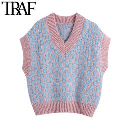 TRAF Women Fashion With Ribbed Trim Loose Knitted Vest Sweater Vintage V Neck Sleeveless Female Waistcoat Chic Tops 210415