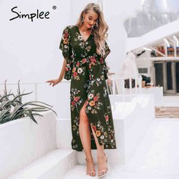 Boho floral print women dress Summer asymmetrical sleeve sashes split chiffon dresses Casual beach female long vestidos 210414
