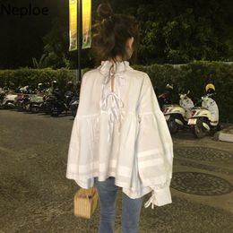 Neploe Sweet Stand Neck Shirts Women Spring Korean Blouse Lace-up Lantern Sleeve Plus Size Loose Blouses Fashion Tops Female 210422