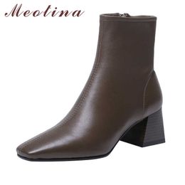 Meotina Real Leather High Heel Woman Boots Sheepskin Thick Heel Ankle Boots Zip Square Toe Shoes Lady Short Boots Autumn Winter 210608