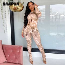 BIIKPIIKWomen Skinny Print Two Piece Sets Long Sleeve Autumn Casual Lounge Wear Female Streetwear Sporty Workout Activewear Suit Y0625