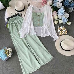 Fashion Suit Female Summer Camisole + High Waist Wide Leg Pants Trousers + Sunscreen Cardigan Jacket Three-piece Suit 210721