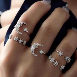 5pcs/set Ring For Women White Crystal Star Carved Knuckle Rings Set Midi Finger Ring Statement Jewellery Stacked Bague Femme X0715