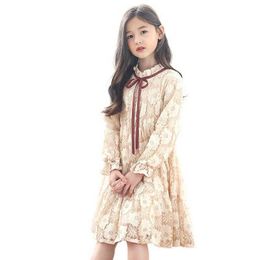 Kids Girl Autumn Cotton Princess Dress Fashion Bowknot Lace Wedding Party Evening Dress High Quality Long-sleeve Child Clothes Q0716