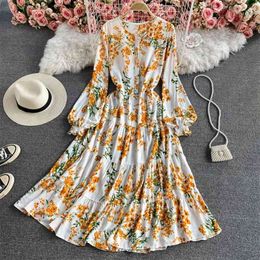 Round Neck Printed Vestidos Women's Bubble Sleeve Loose High Waist Slimming Ruffled Lace Large Midi Dress GK469 210506