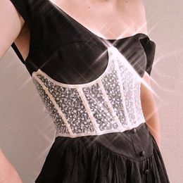 Muyogrt Sexy Corset Top Women Streetwear Bustier Mesh Through Crop Top Lace Sequins Lace Up Wrap Vest Bodycon Tube Tank Tops X0507