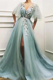 2021 Sexy Turquoise Mint African Evening Dresses Wear Deep V neck High Split Tulle Prom Dress Hand Made Flowers Beads Formal Party Gowns