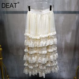 Lace Multi Mesh Patchwork Elastic High Waist Medium Length Skirt Half Mall Goth Ball Gown Dress Spring GX827 210421