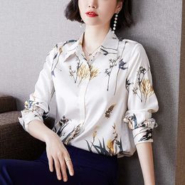 Korean Silk Women Shirts Satin Blouses Long Sleeve Woman Print Blouse Plus Size Elegant Floral Tops 210604